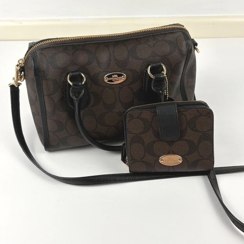 Coach Signature Brown Black Satchel Crossbody Bag Matching Wallet Gold Hardware